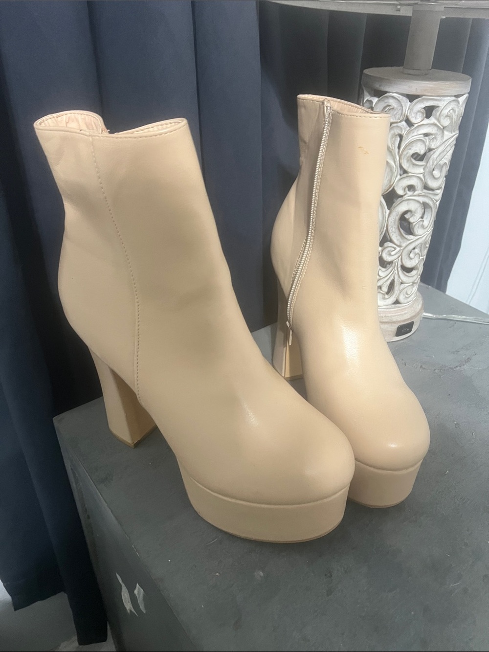 Platform Ankle Boots in Beige — Sleek High Heel Women's Boots